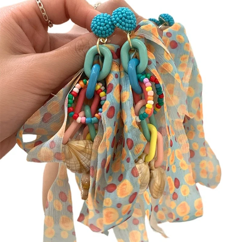 

Color fabric beaded earrings women's seaside vacation style earrings unique stud earrings