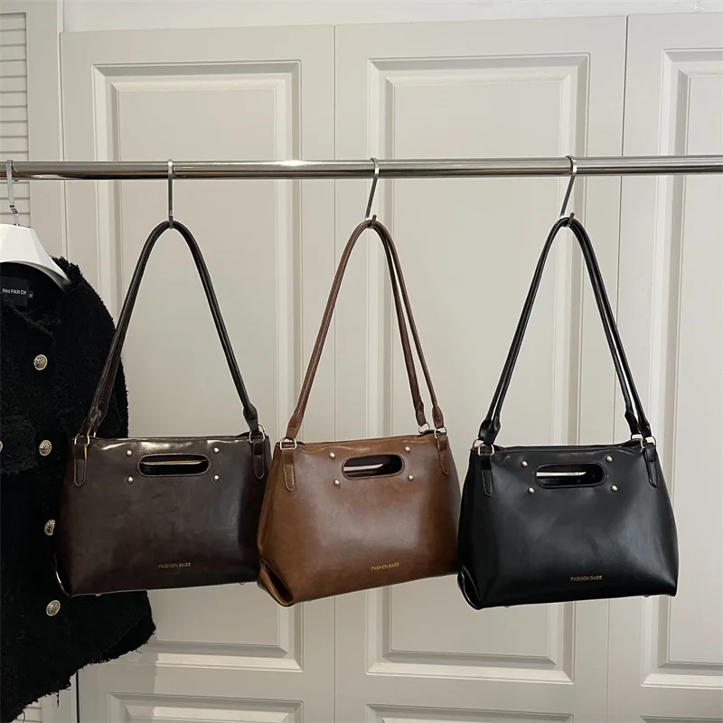 

Commuting Versatile Solid Color Oil Wax Leather Retro Tote Bag Women's Texture Fashion Personality