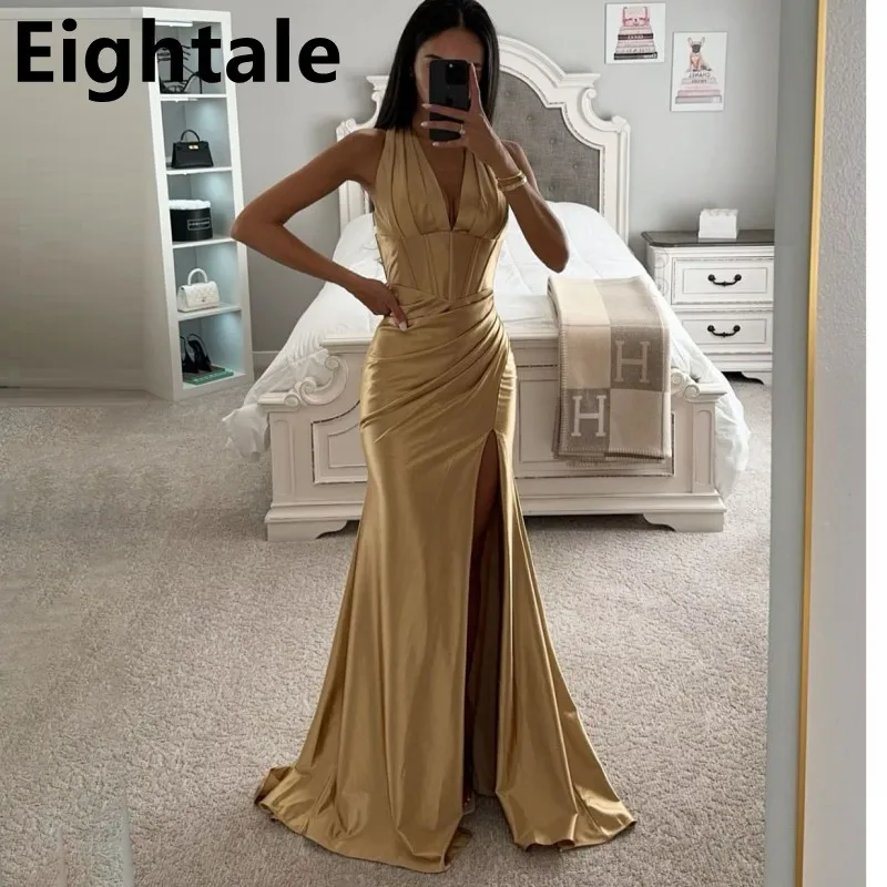 

Champagne Mermaid Satin V Neck Evening Dresses For Wedding Party 2025 Slit Prom Dress Arabic Party Gown Robe Soirée Femme