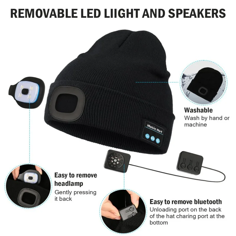 3-in-1 Function Bluetooth Beanie LED Detachable Washable Light Up Bluetooth Hat Portable Wireless Speaker Bluetooth Hat