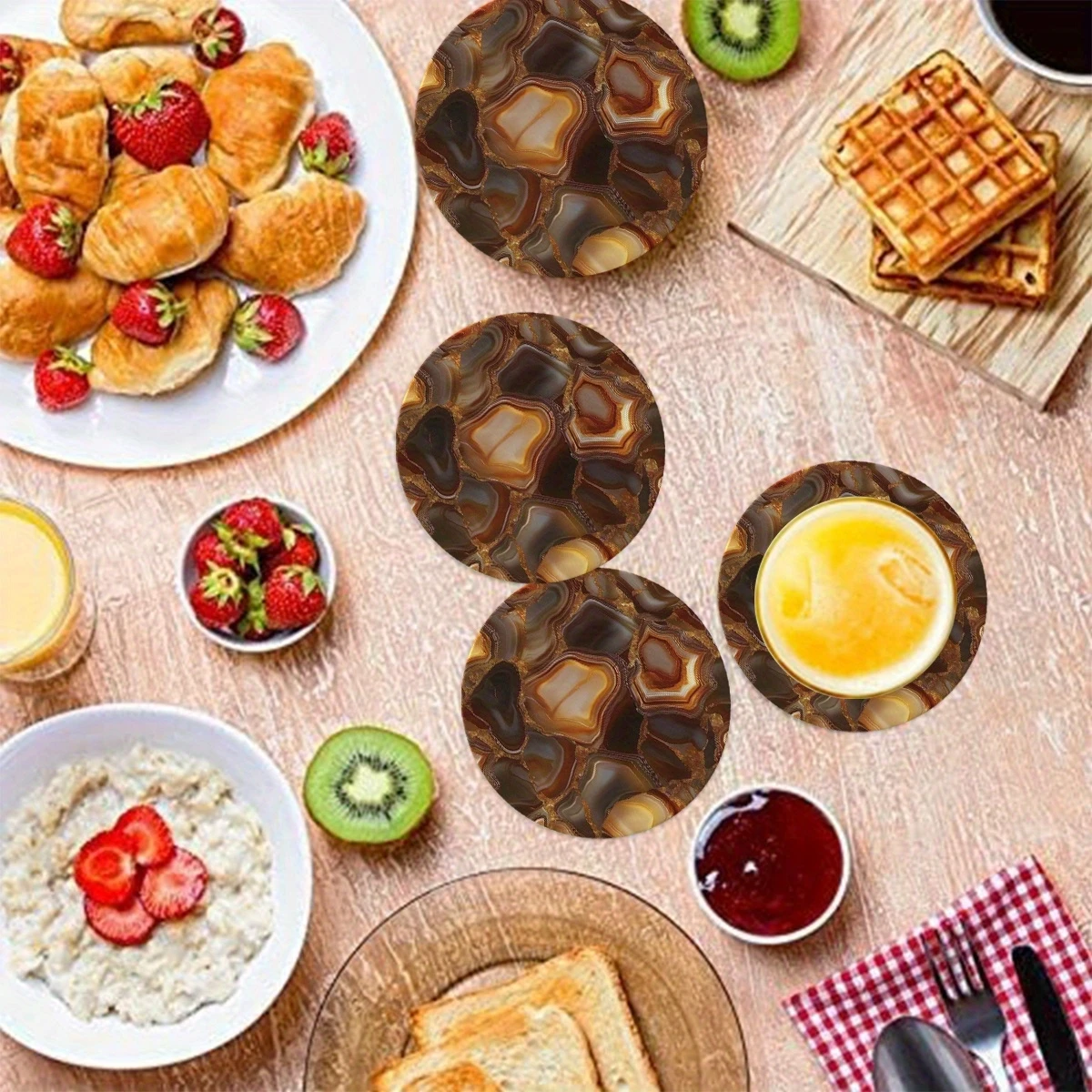 4pcs 2D Flat Bohemian Style Wooden Placemats Retro Marble Texture Design for Home Dining Table Coffee Decor Moving House Gifts