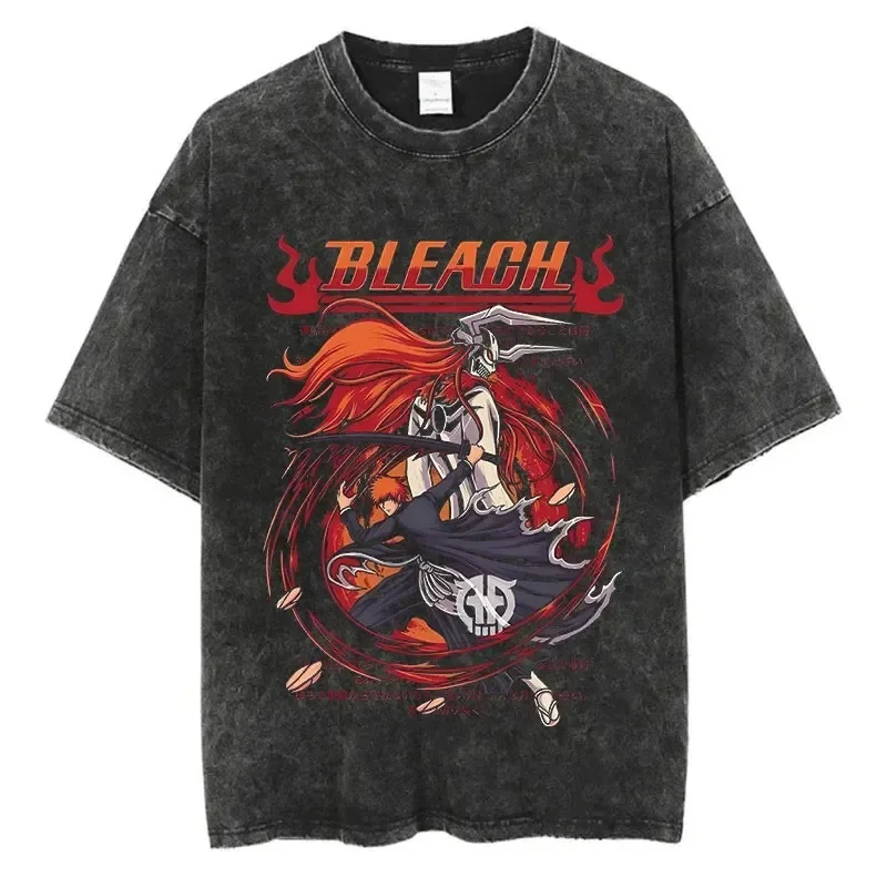 Anime Bleach Washed Tshirt Harajuku Streetwear Vintage Graphic T-Shirt Summer Hip Hop Short Sleeve Cotton Men Women Tops Tee