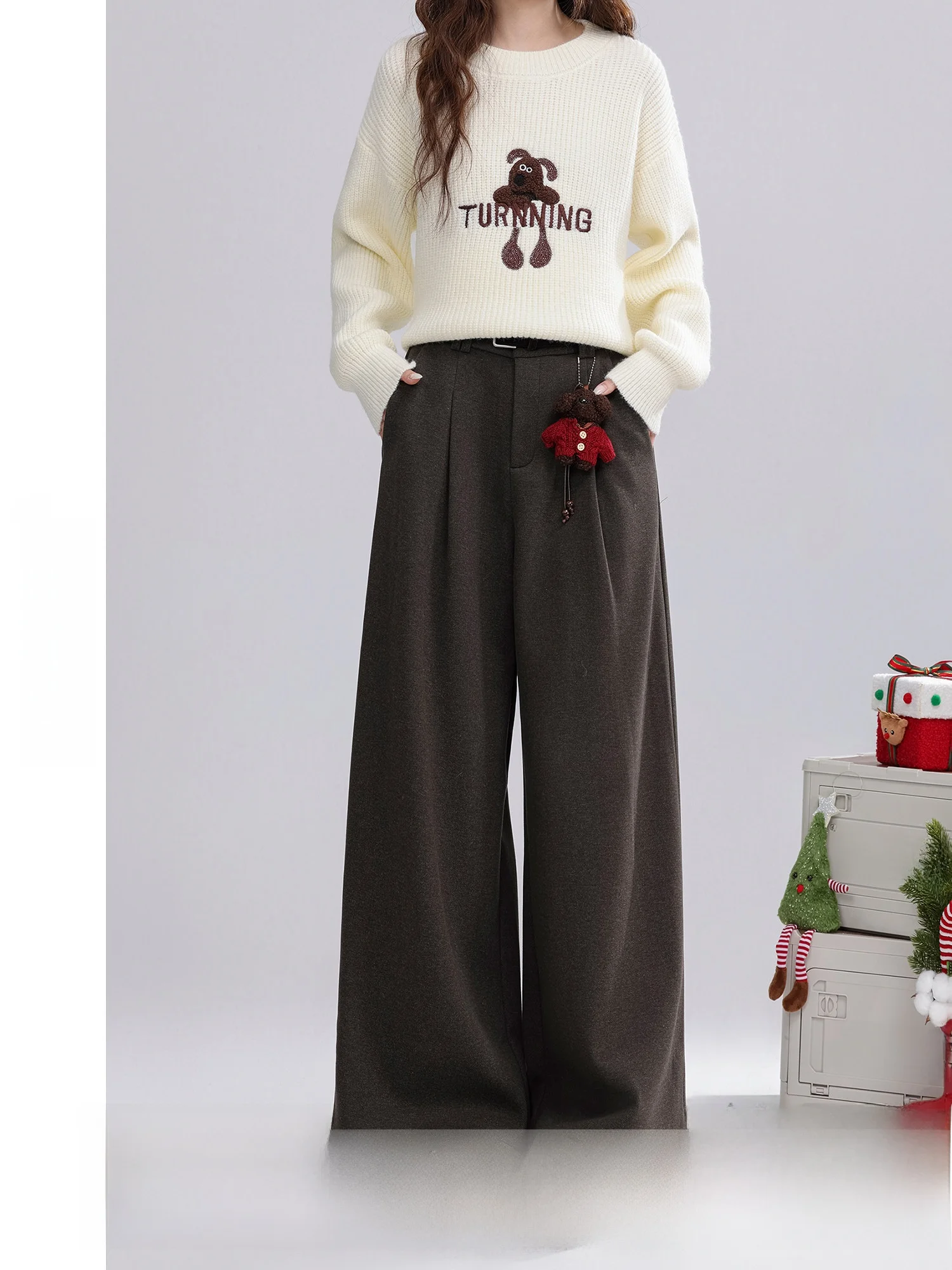 

Ретро-брюки женские шерстяные с широкими штанинами, на флисовой подкладке, повседневные, с высокой талией, прямого кроя, длинные, зимние, новинка