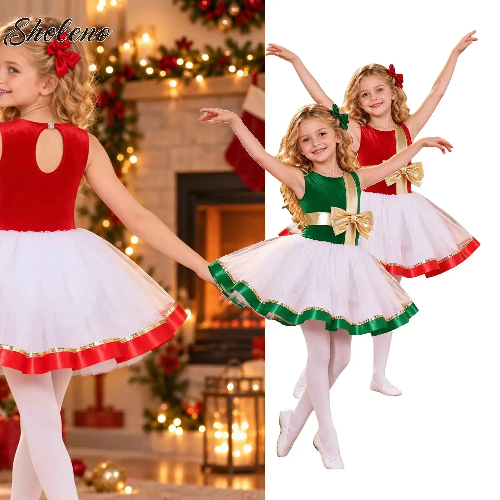 Girls Christmas Mesh Tutu Ballet Dance Dress Figure Skating Gymnastics Performance Dancewear Carnival Dress Santa Claus Costume