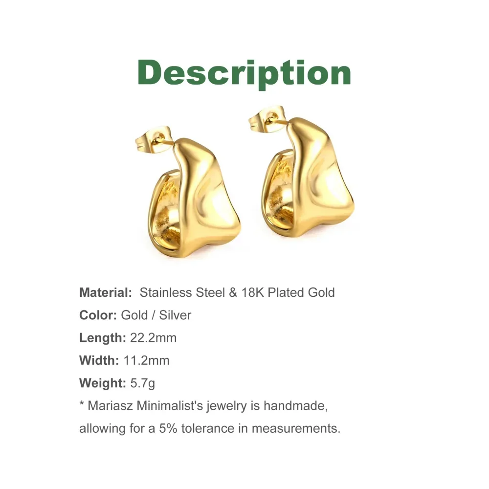 Stainless Steel Gold Color Irregular Wave Shape Hoop Earrings for Women Jewelry Silver Geometric Textured Folded Over Studs