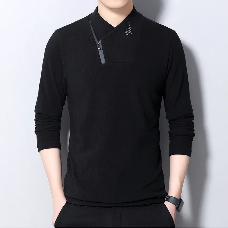 New Men\'s Casual Suede Long Sleeve Polo Shirt Fashion Solid Polo Top