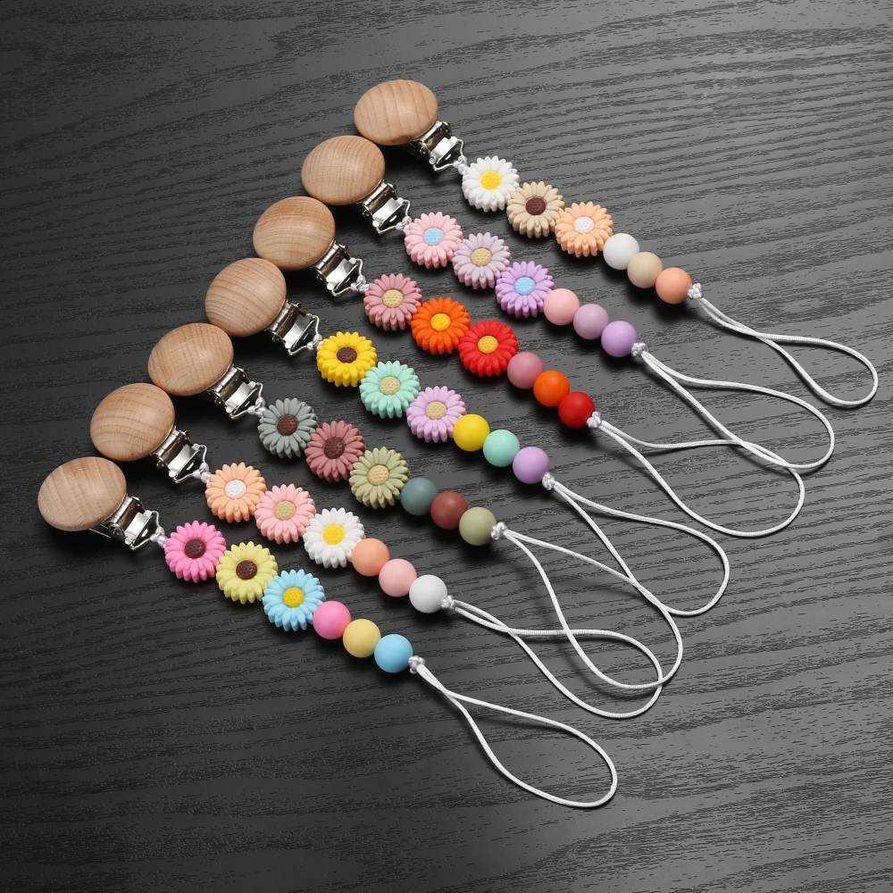 Cartoon Flower Silicone Beaded Baby Pacifier Chain Beech Wood Soothing Dummy Buckle Clips For Baby Supplies Care Toy Shower Gift