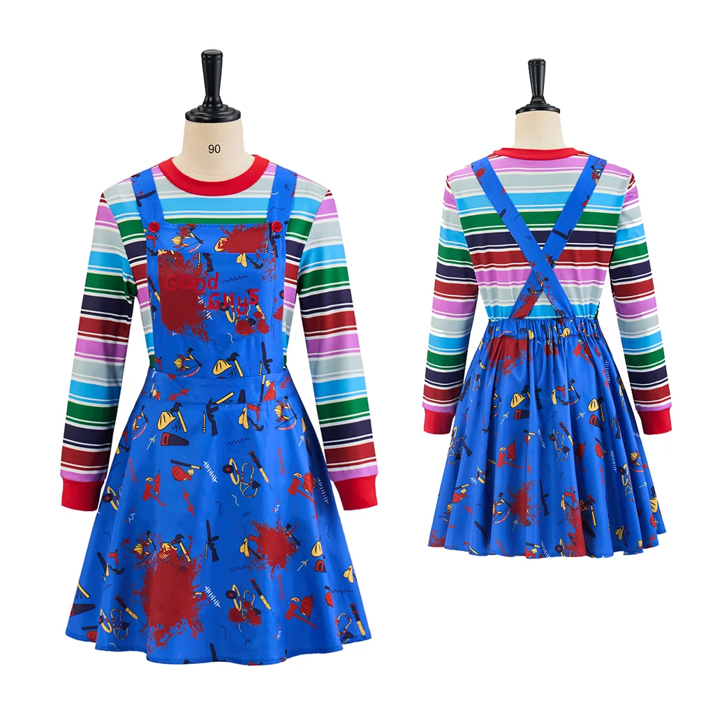 Horror Doll Chucky Cosplay Costume Blue Long Sleeve Rainbow Striped Top Plus Suspender Skirt Set Halloween Horror Party Costume