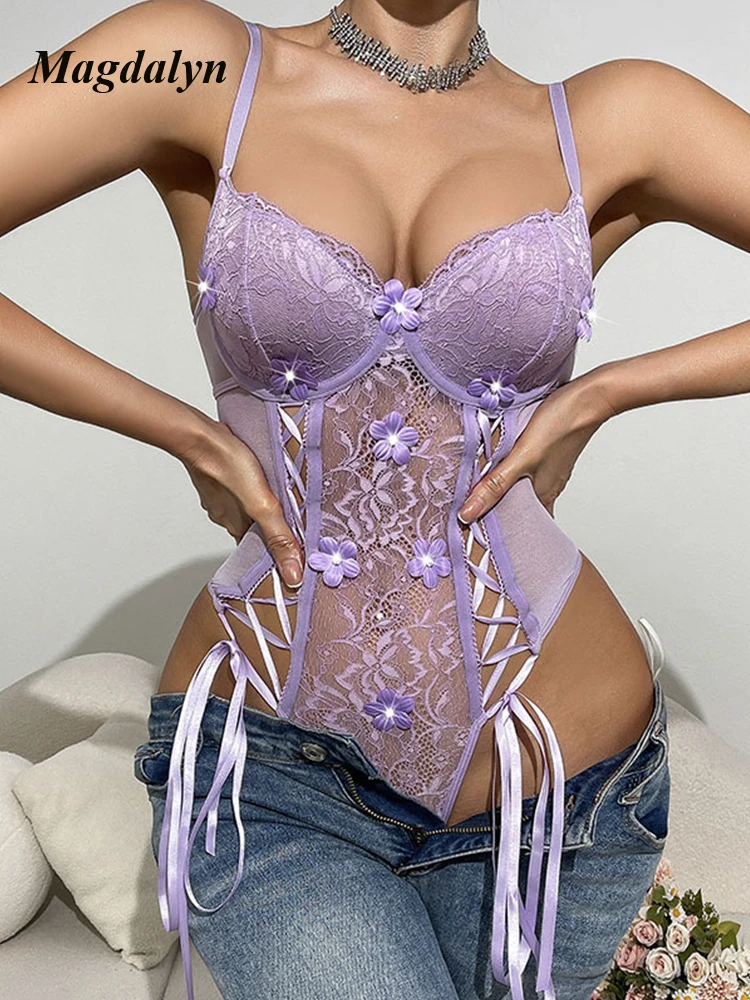 Magdalyn 女性花レースストラップカバーオールセクシーな透明プッシュアップアンダーボディスーツワンピースコンビネーションロンパースランジェリー