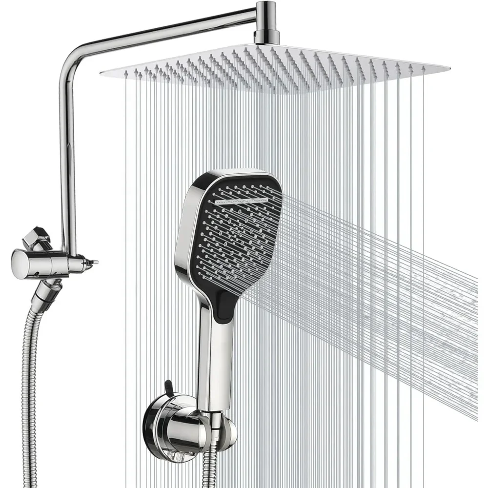 

Chrome Shower Combo: 10'' High-Pressure Rainfall, 3-Setting Handheld, 11'' Arm, Adjustable Suction Cup Holder