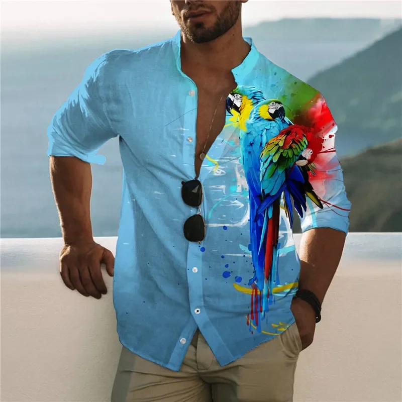 3D Parrot Print Men's Social Shirt Hawaiian Beach Holiday Long Sleeve Lapel Oversized Tops Male Clothes Casual Camisa Masculina