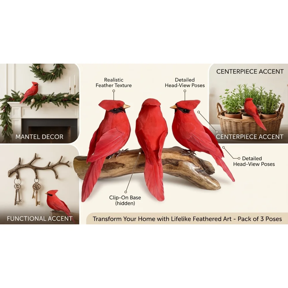 3 Pcs Artificial Red Feather Bird,Modern Jungle Garden Home Decoration,Hanging Ornament for Room and Garden Holiday Decoration