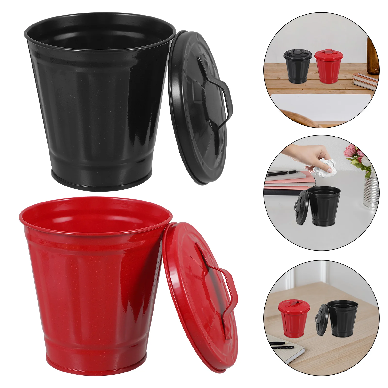 2 Pcs Desktop Trash Can Small Waste Paper Bin for Desk Kitchen Table Black Red Galvanized Iron Compact Design Not