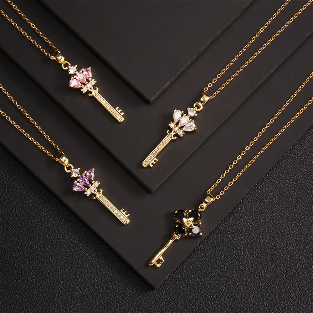 10Pcs/Lot Wholesale Zircon Key Pendants Stainless Steel Necklaces for Women Girls Wedding Engagement Jewelry Gifts Mix Style