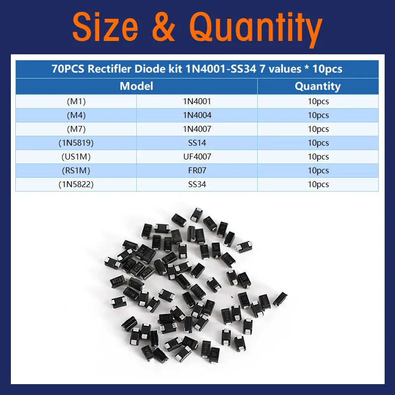 70/90szt SMD Dioda SMA 1N4001 1N4004 1N4007 SS14 SS24 SS34 SS16 SS26 SS36 Diody prostownicze Płytka drukowana IC Zestaw asortymentowy
