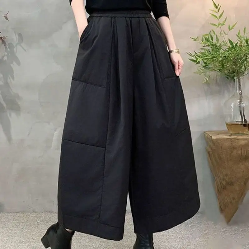 Fashion elastic waist design sense splicing wide-leg pants women's 2025 autumn and winter large size loose and thin casual pants