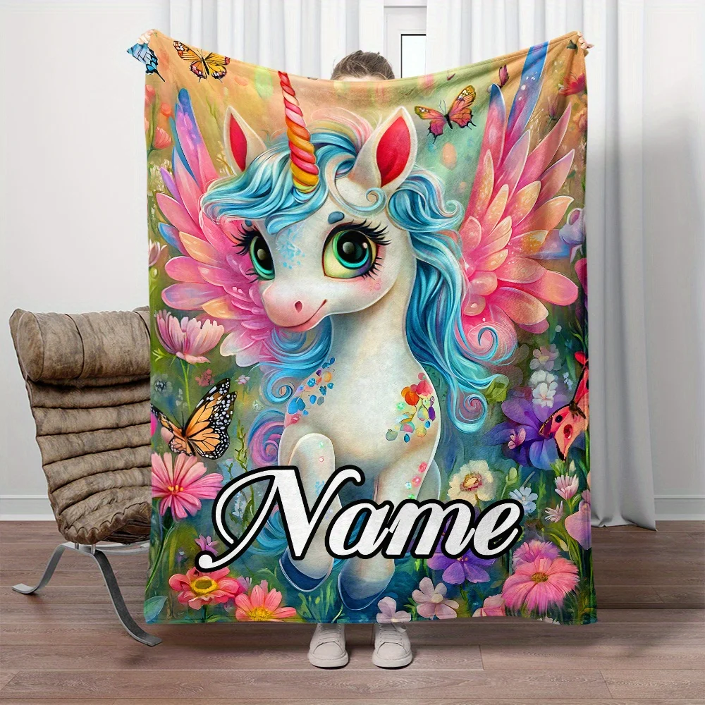 

Customizable unicorn, bright floral and butterfly design flannel blanket, suitable for living room sofa bed, travel and camping