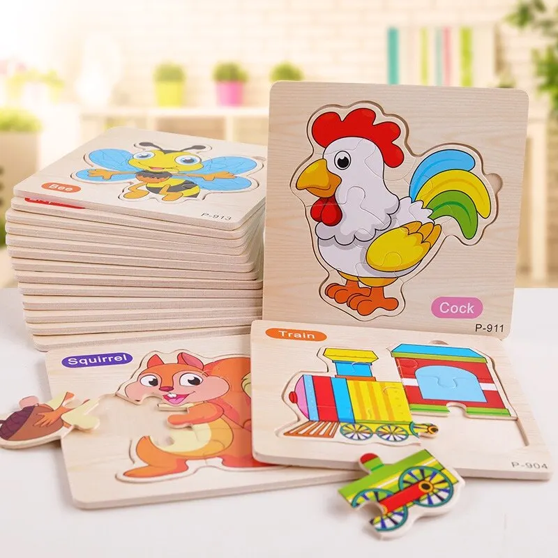 3 PCs Random Color Puzzle 3D Toys Early Education Wooden Cartoon Animal Puzzle Puzzle Infant Puzzle Board Toys