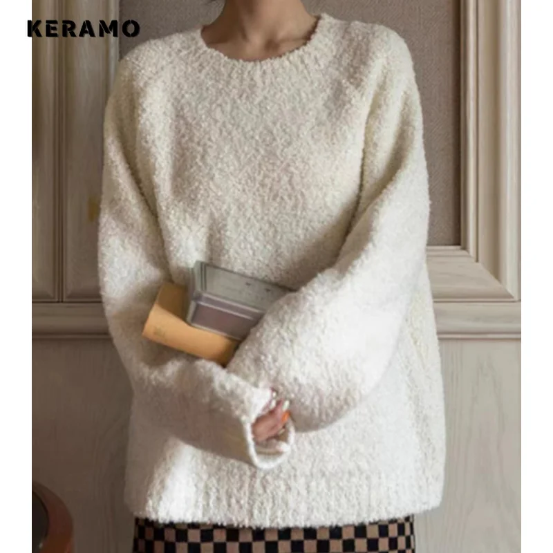 2024 Spring Casual Knitting Long Sleeve Round Neck Pullovers For Women Vintage Knitwear Loose Fit Solid Color Sweater Top