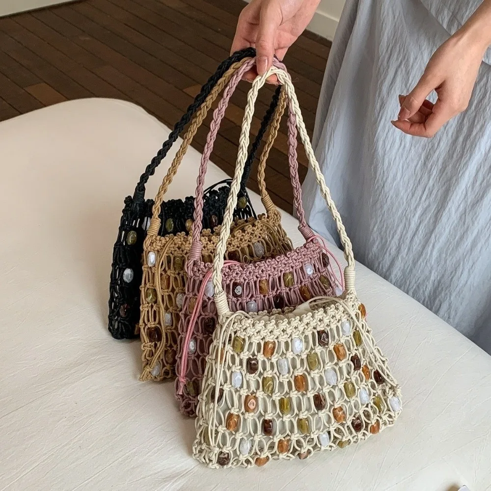 New Hollow Woven Bead Shoulder Bag Summer Bohemian Crochet Mesh Bag Colorful Large Capacity Tote Bag Outdoor