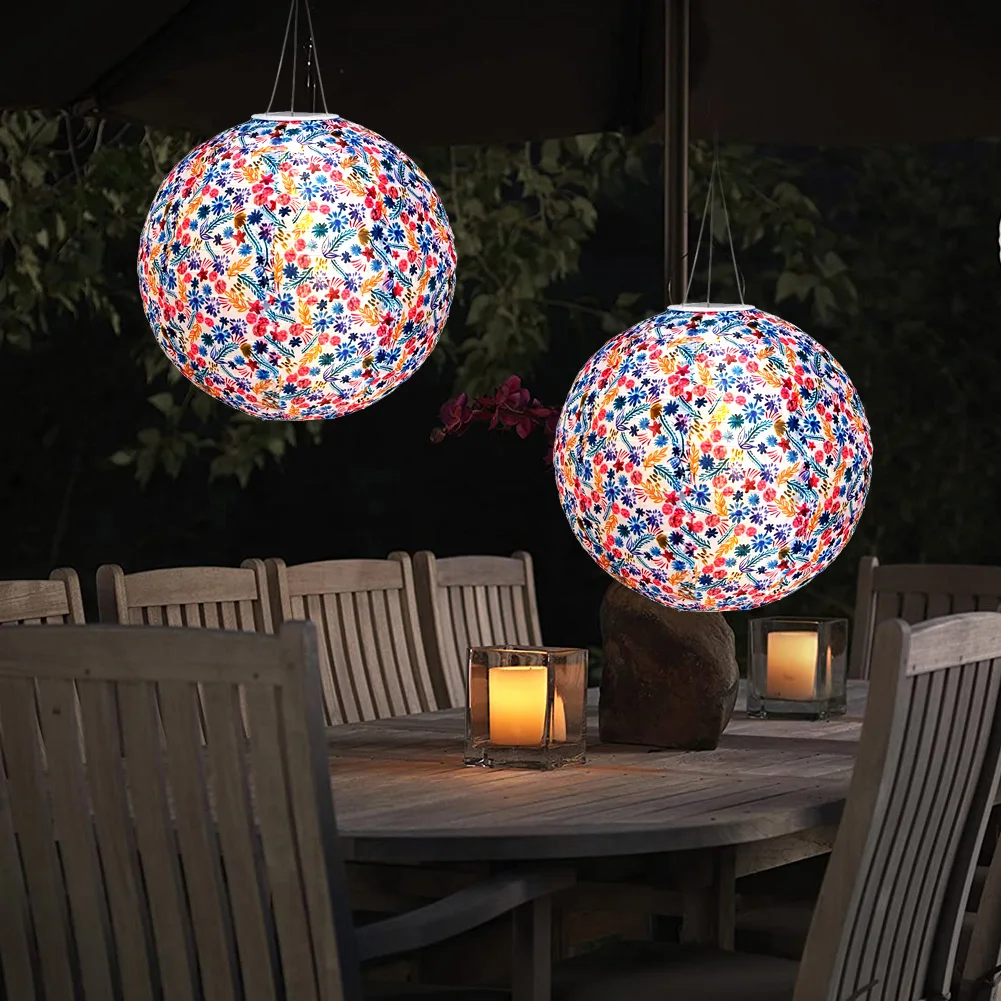 12 inch LED Solar Chinese Lantern Round Ball Printed Decorative Lantern Hanging for Home Yard Park Lighting Outdoor Decor