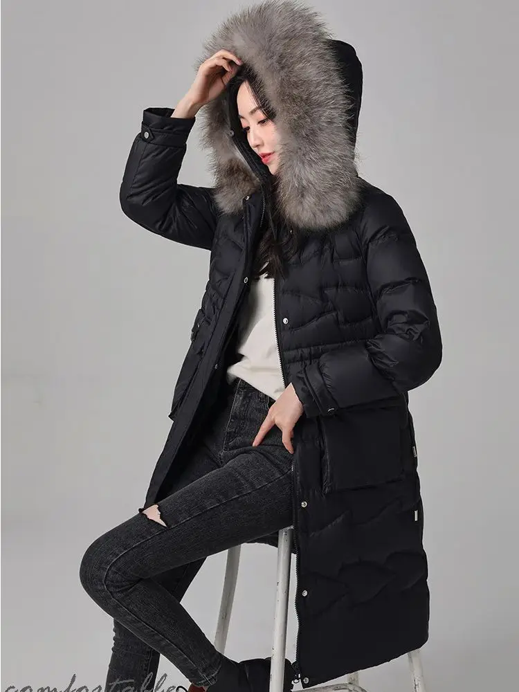 Spot Real Fur Collar Winter Women\'s Big Fluffy Down Coat Female Oversized Thicker Warm Down Jacket Hooded Down Parkas wy1022