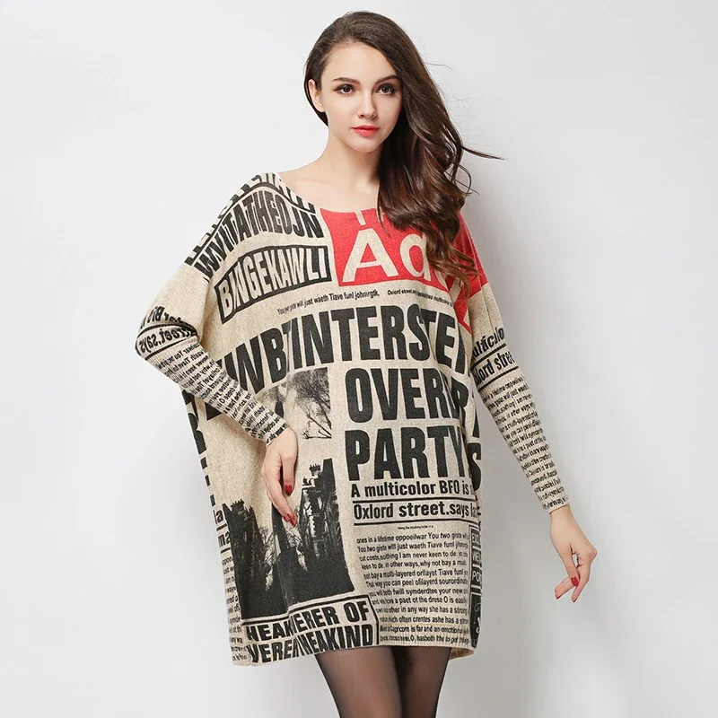 Jielur Autumn New Long Big Sweater Woman Casual Letter Print Women Sweaters Pullovers Cool Batwing Sleeve Female Pullover