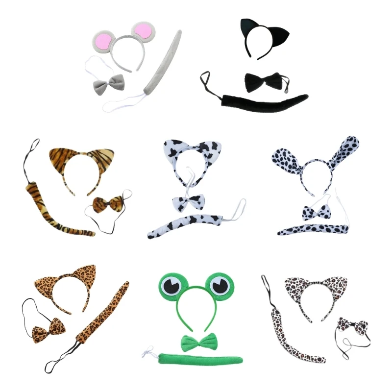 3 szt. Kostium zwierzęcy dla dzieci kot/mysz/pies/krowa/lampart/opaska do włosów z oczami żaby ogon Bowtie Tail akcesoria Cosplay zwierząt