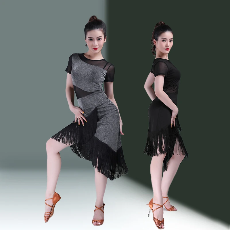 Sexy Latin Danskleding Vrouwen Zwarte Vrouw Pailletten Rok Jurk Met Franjes Samba Jurken Voor Prom Wear Line Pak Praktijk Rumba Gebruik