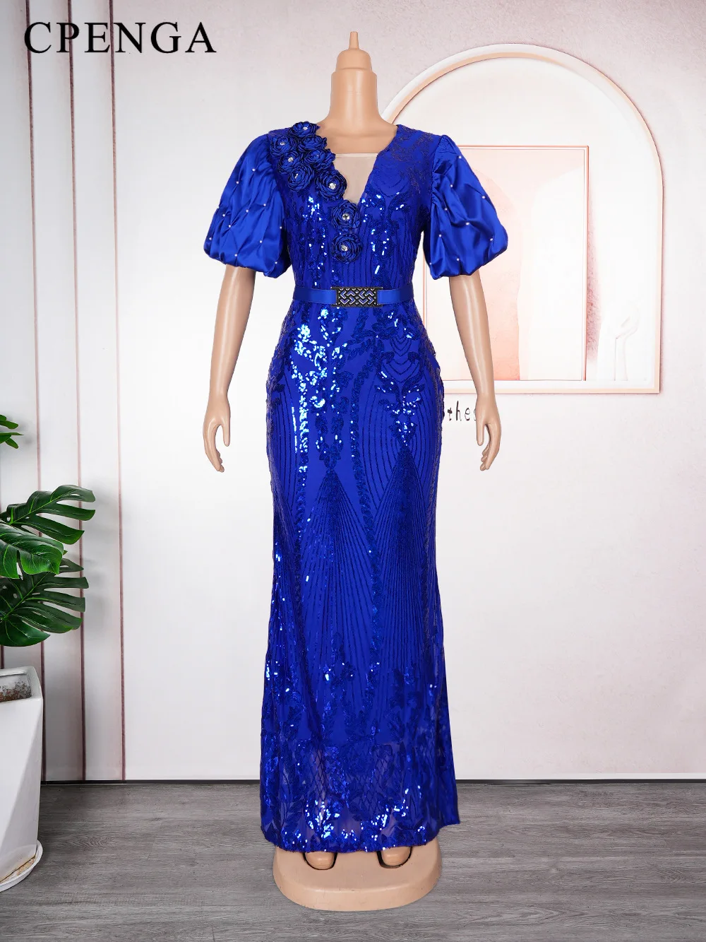 Elegant African Sequins Dress for Women Wedding Evening Dresses Plus Size Sexy Party Bodycon Gown Nigerian Puff Sleeve Clothing