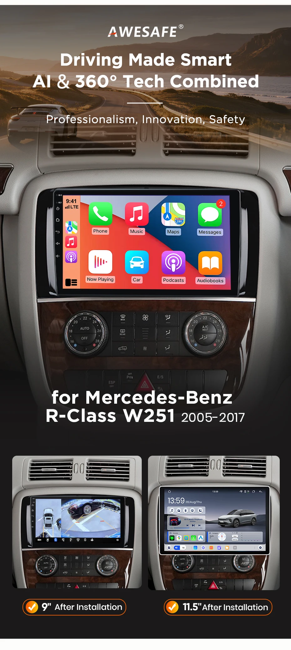 AWESAFE Kabelloses CarPlay Android Auto Radio für Mercedes Benz R-Klasse W251 R280 R300 2005-2017 Plug & Play FM BT RDS DSP GPS SWC – Detail 4