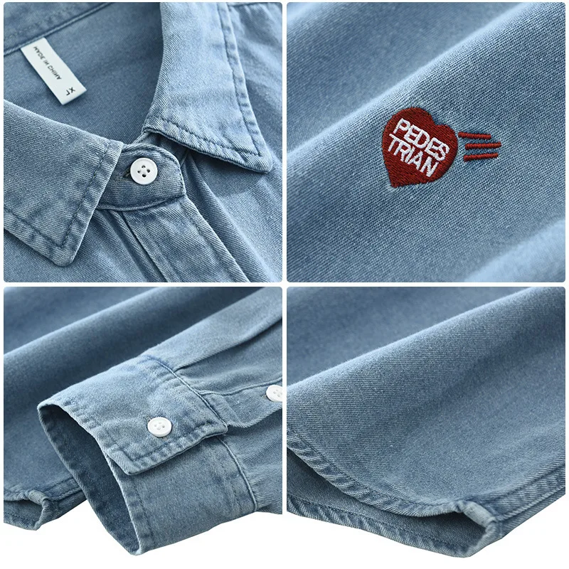 

Японский стиль, новая мужская джинсовая рубашка, куртка, весенняя повседневная ковбойская рубашка с вышивкой Love, молодежная простая джинсовая рубашка с длинным рукавом, мужские