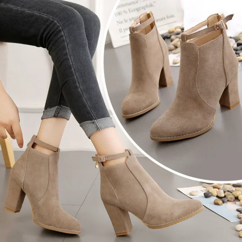 

Woman Suede High Heel Ankle Boots British Style Fashion Thick Heel Pointed Back Zipper Boots Women Square Heeled Short Booties