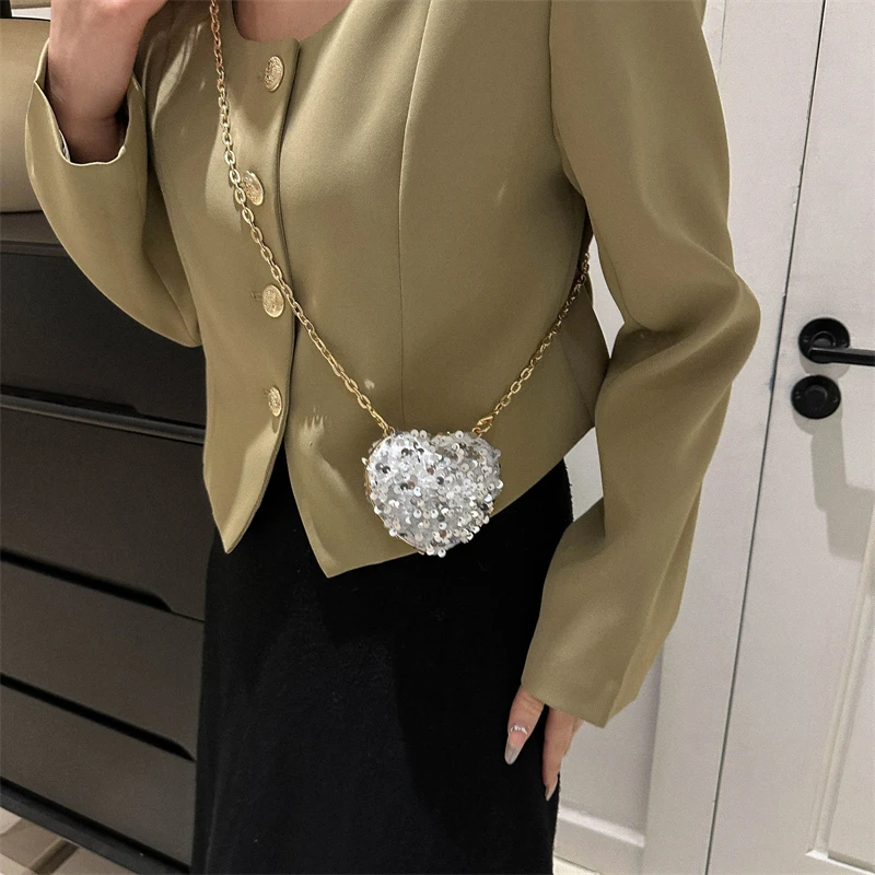 Super Mini Crossbody Bag Women Luxury Gold Silver Sequined Evening Purse Cute Heart Love Handbag Lipstick Pack Headphone Bags