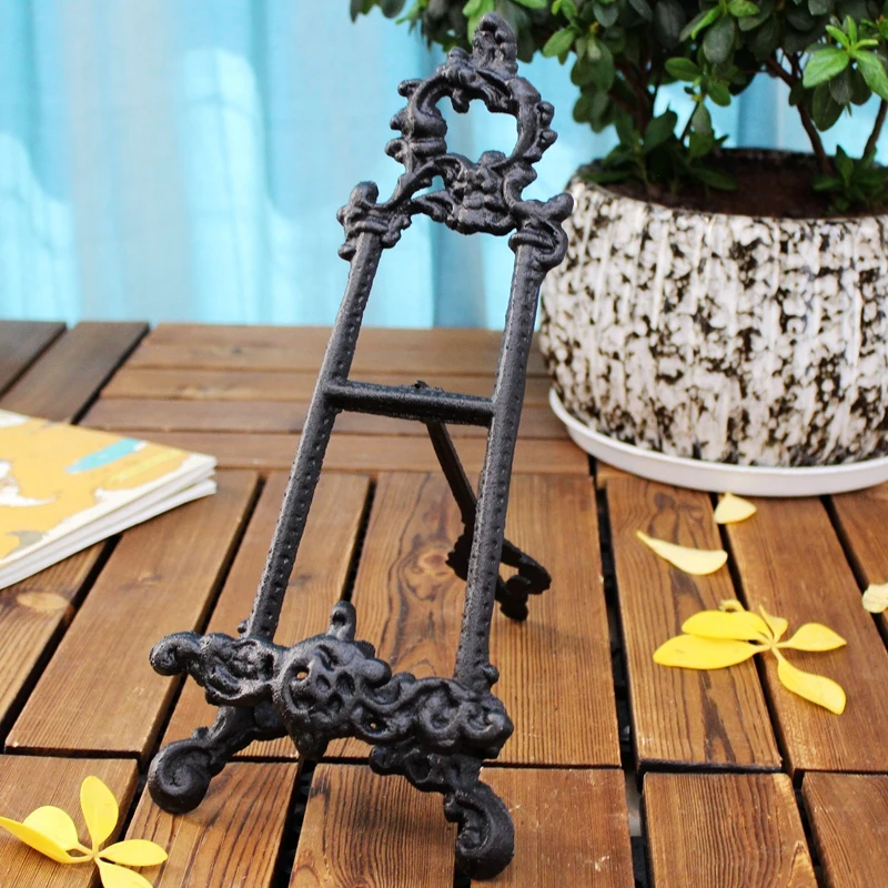 

Foldable Cast Iron Coffee Bar Menu Brochure Stand Display Holder Vintage Black Antique Gold Bill of Fare Dish Storage Rack Shelf