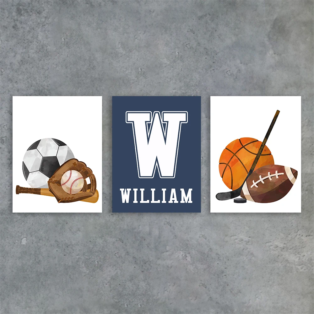 Personalized Sports Name Wall Art Poster Custom Name Poster Boys Sports Nursery Print Initial Name Print Canvas Painting Decor