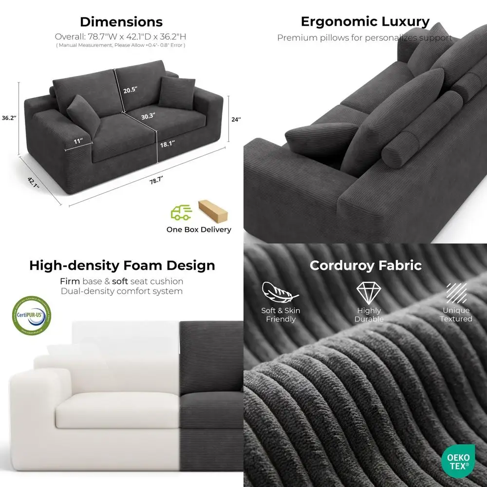 

78 Deep Seated Cloud Comfort Loveseat Sofa in a Box, Corduroy Upholstery for Living Room, Grey