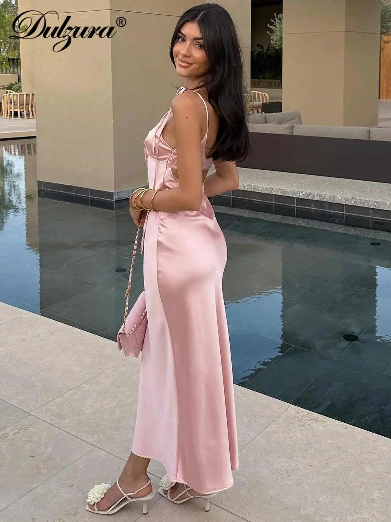 Dulzura Backless Lace Up Spaghetti Straps Cut Out Midi Dress Women Club Holiday Evening Party Dresses Y2K Clothes Drop Shipping