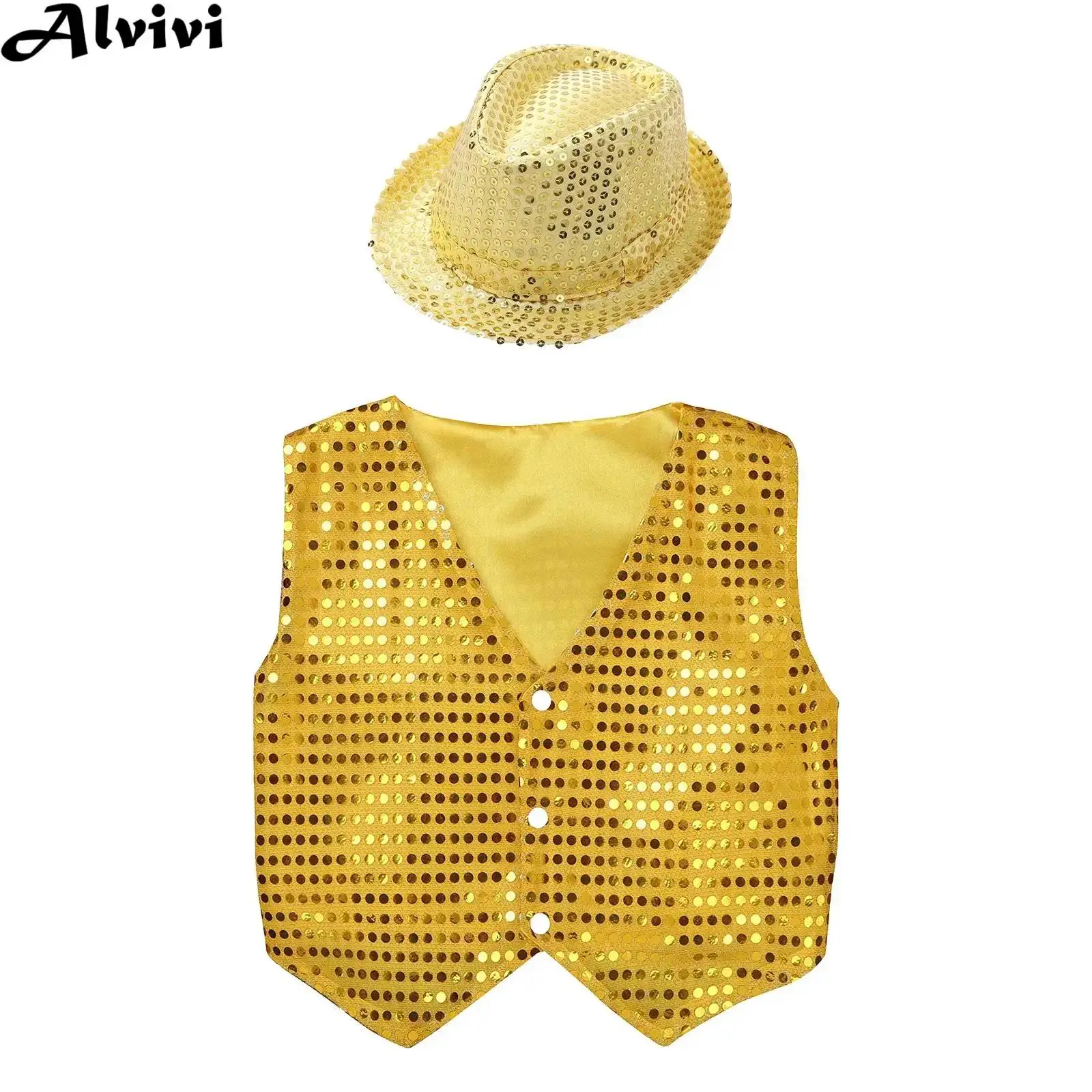 Kids Boys Jazz Tap Street Dance Performance Clothes Shiny Vest with Hat School Choir Waistcoat Halloween Party Cosplay Costume