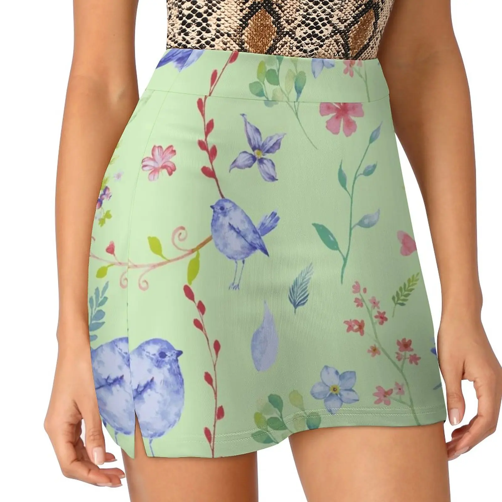 

Bird , Birdie , Spring Women's skirt Mini Skirts A Line Skirt With Hide Pocket Spring Mint Bird Birdie Floral