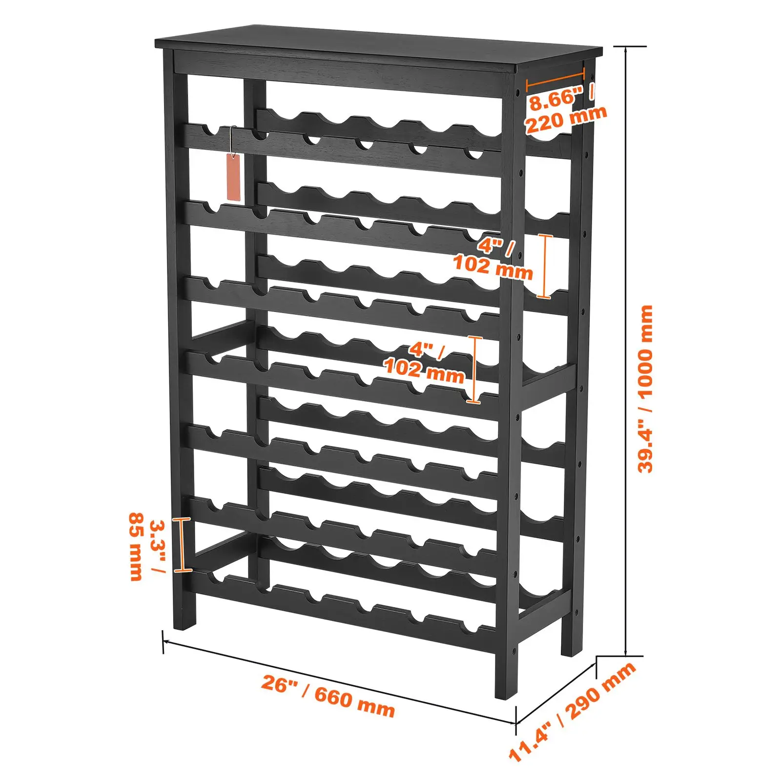 42 Bottle Modular Wine Rack, 7-Tier Solid Bamboo Wood Storage Racks with Table Top, Floor Freestanding Wines Holder Display Shelf, Wobble-Free Shelves for Kitchen, Bar, and Cellar (Black)