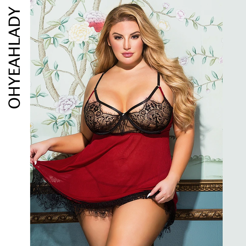 Ohyeahlady Red Sheer Mesh Women Sleepwear Floral Lace Transparent Nightgowns Elegant Plus Size Sexy Babydoll Lingerie with Panty