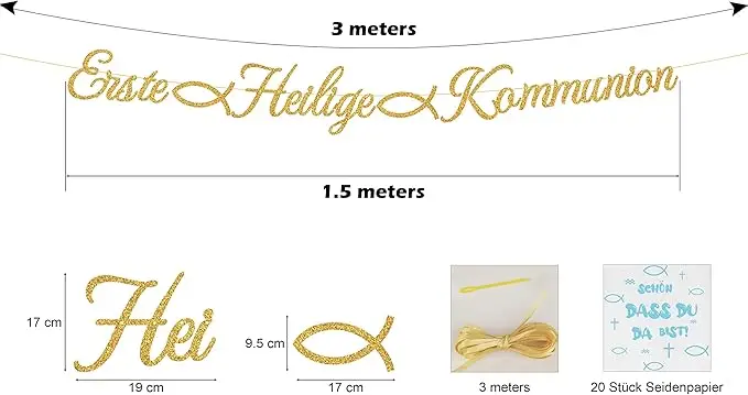 First Holy Communion Garland, Glitter Gold Decorative Banner Paper, First Communion Decoration for Communion Sacrament Boys Girl