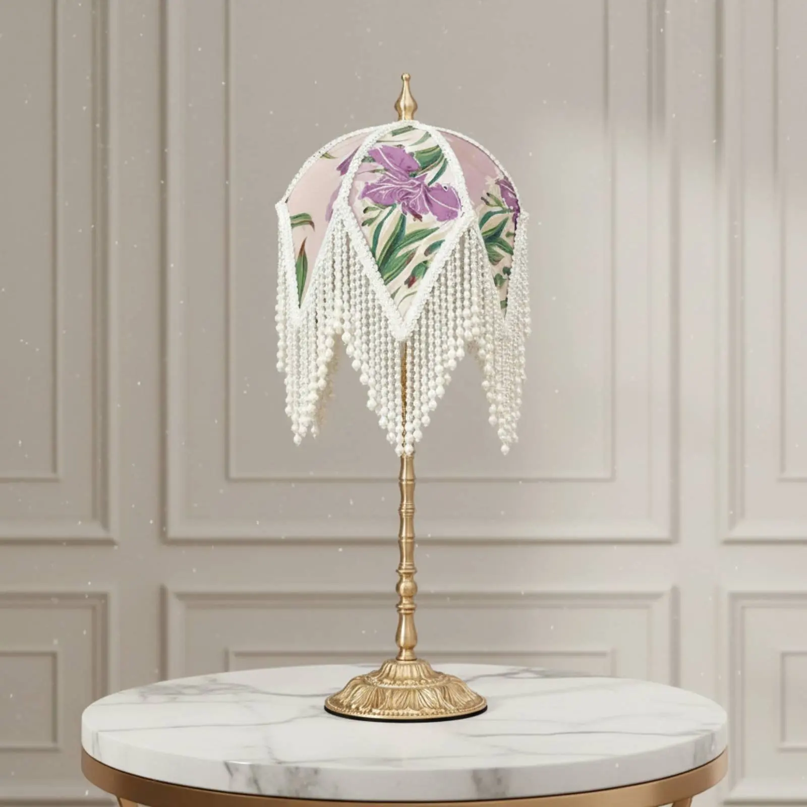 

French Retro Table Lamp Elegant Design Beaded Tassel Lamp Ornate Brass Base Refined Gift Suggestion for Living Room
