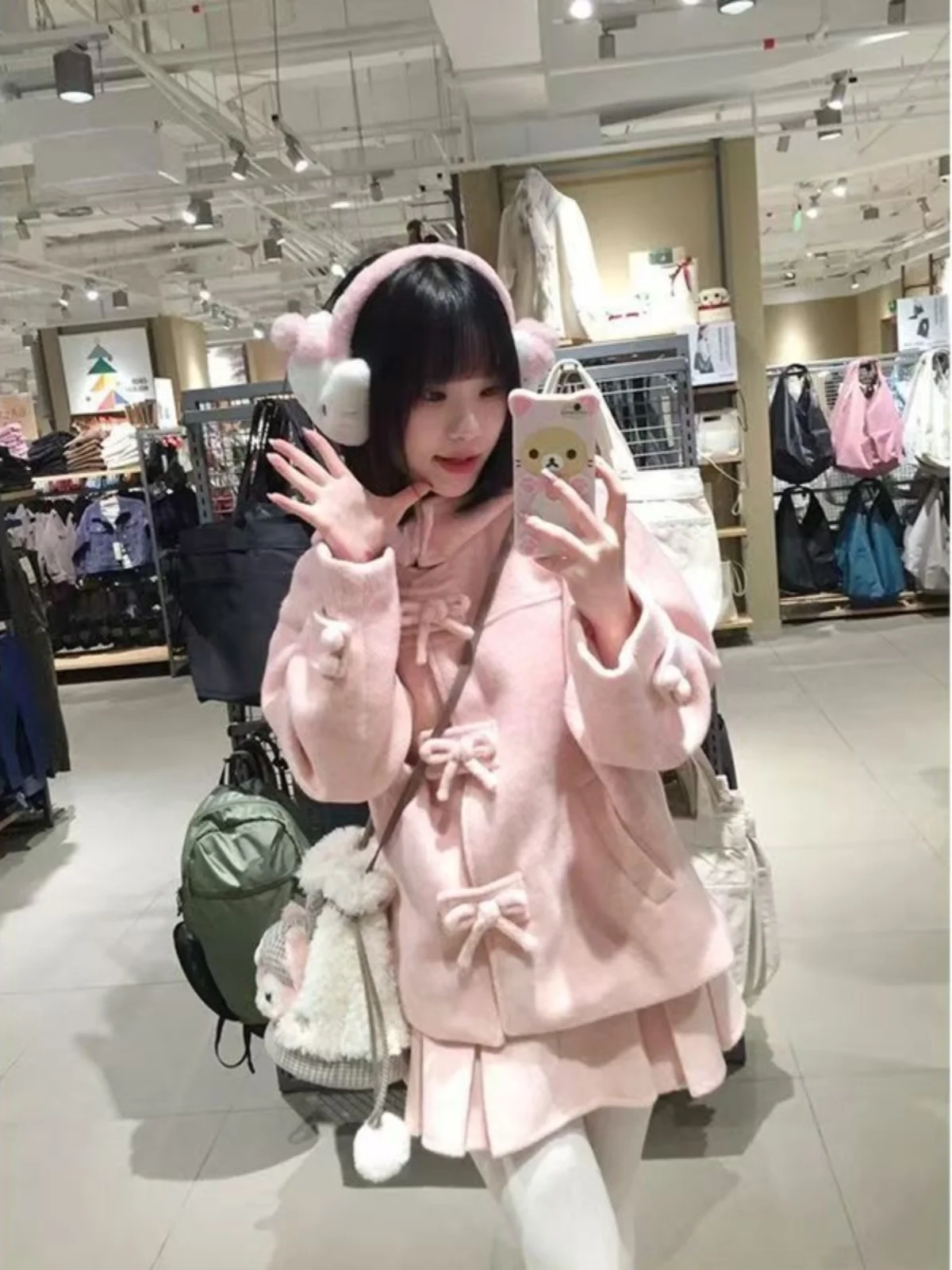 Setelan Dua Potong Wanita Musim Dingin, Mantel Berhias Pita Merah Muda dan Rok Kotak-kotak Ukuran Kecil yang Cantik, Bahan Poliester, Kancing Depan Panjang