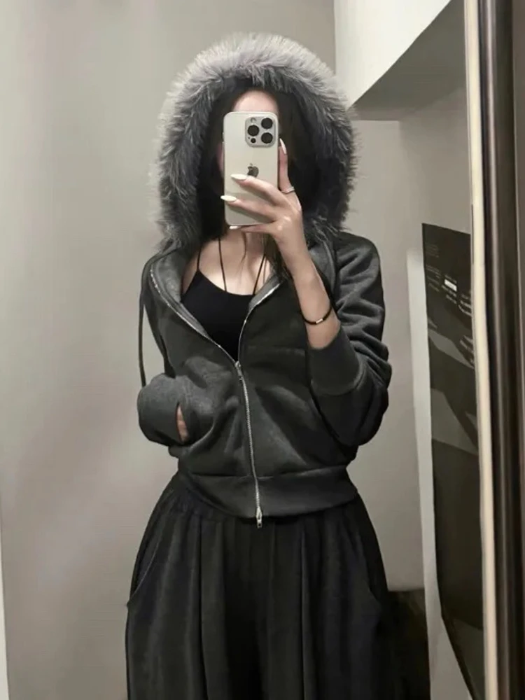 الأمريكية الرجعية مقنعين الفراء طوق البلوز سترة المرأة الخريف عادية فضفاض سستة التخسيس سترة القمم القوطية معاطف سوداء