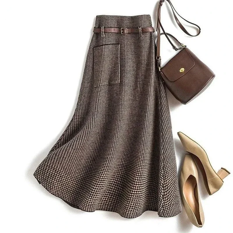 Loribindwood Plaid Brown Vintage Knitted Woolen Skirt 2026 Autumn High Waist Belt A-Line Mid-Calf Long Skirts For Women XJ131
