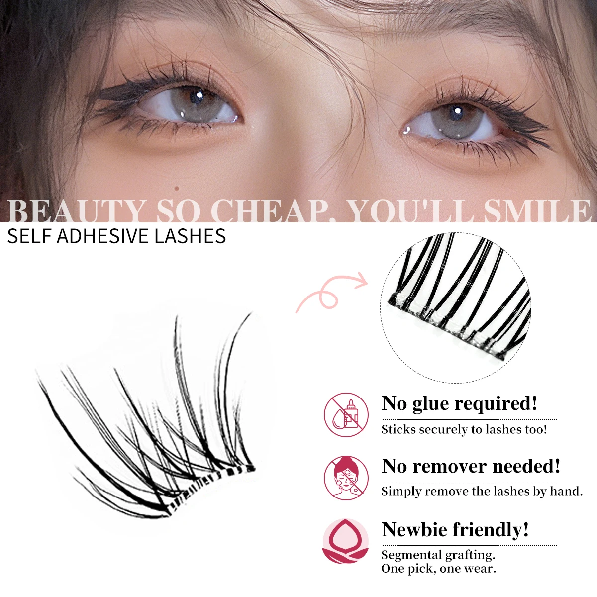 48 Cluster Self Adhesive Eyelashes Lashes No Glue Individual Korean Lashes Soft Lash Clusters Reusable Self Adhesive Lashes
