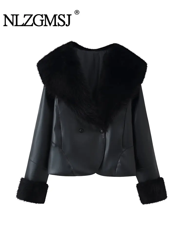 

NLZGMSJ женская куртка из искусственной кожи 2024, зимняя модная куртка с меховым воротником и пуговицами, с завязками на талии, женское уличное пальто