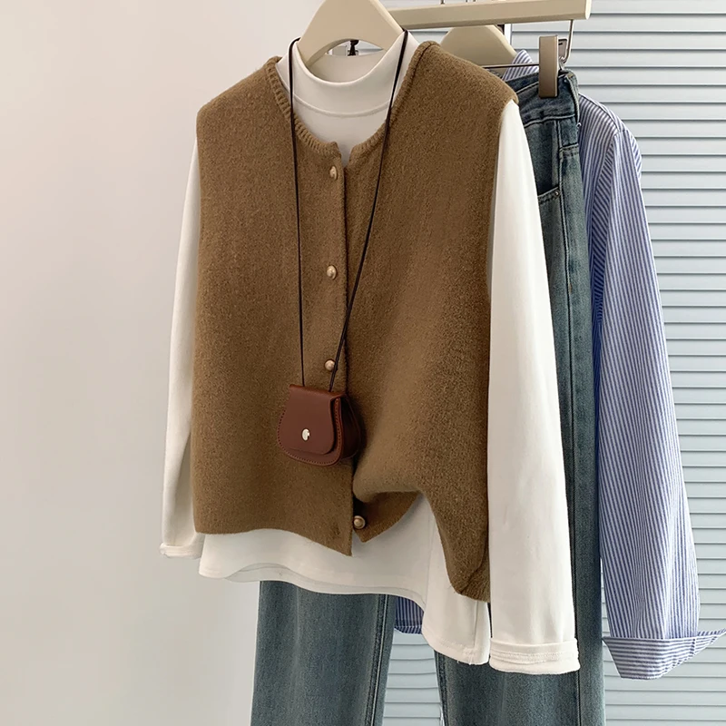 

Вязаный жилет с золотыми пуговицами в стиле ретро, свободный крой, круглый однотонный свитер, пальто для женщин больших размеров, осенняя многослойная повседневная одежда